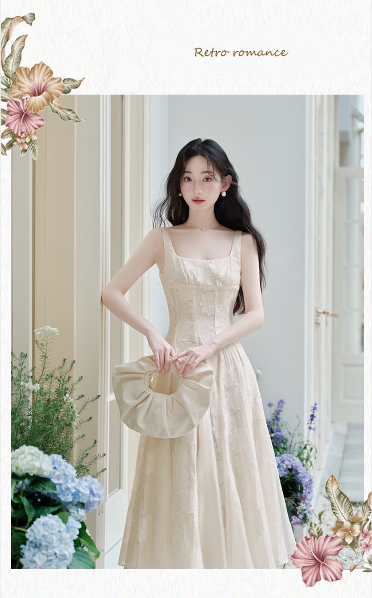 실사 있음 선적 프랑스식 천 골드 고급 센스 슬립 드레스 Tulle 광장 칼라 생일 예복 상세 이미지 11