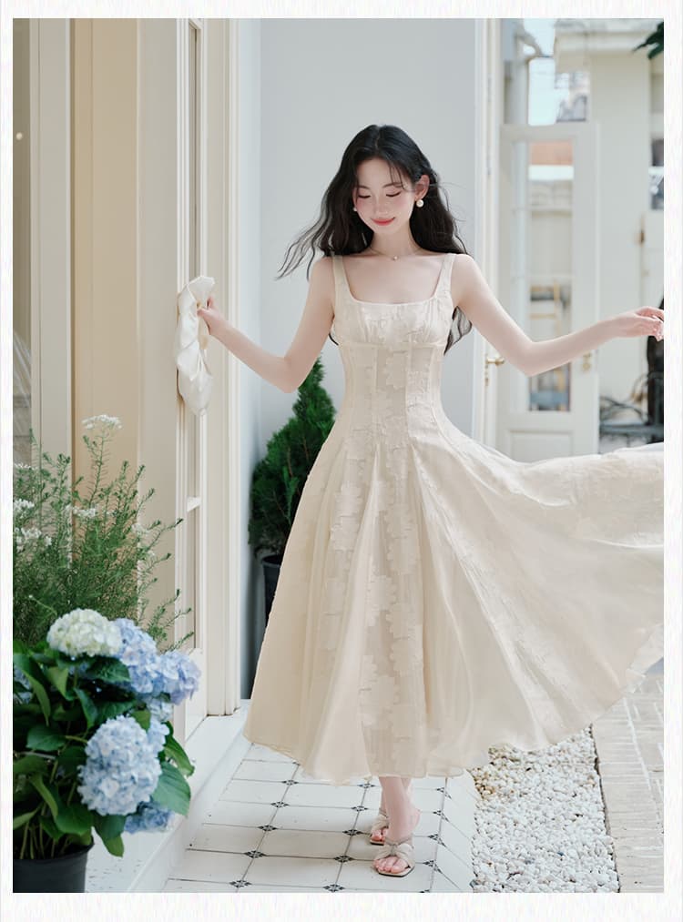 실사 있음 선적 프랑스식 천 골드 고급 센스 슬립 드레스 Tulle 광장 칼라 생일 예복 상세 이미지 19