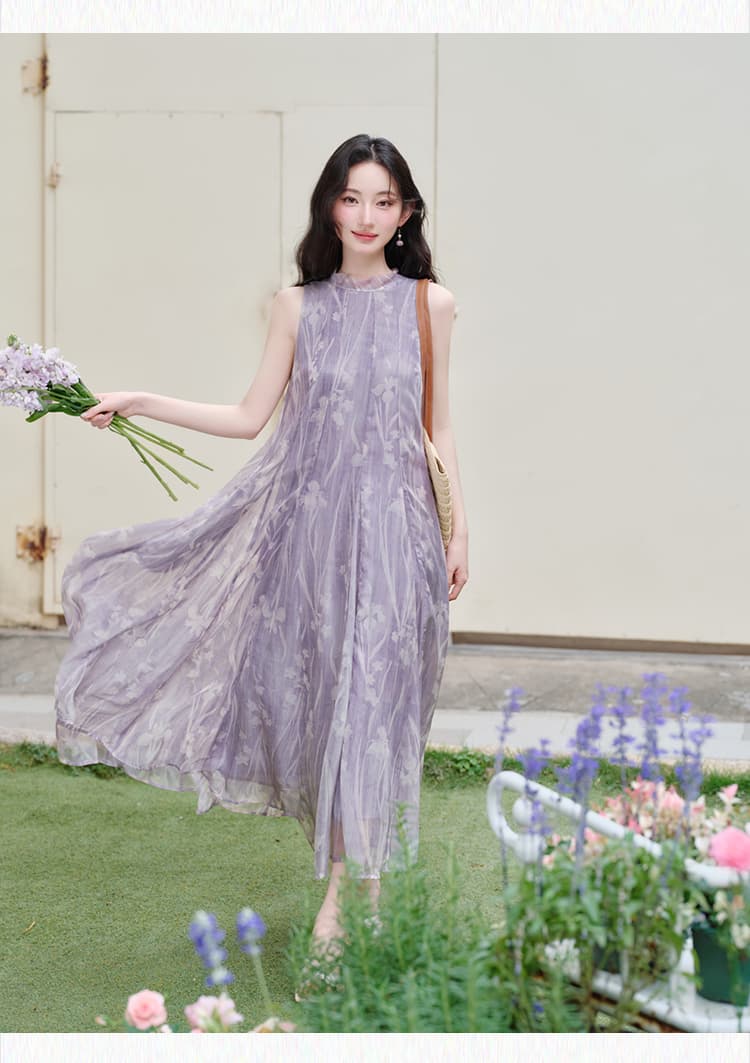 실사 프랑스식 휴가 바람 스탠드 칼라 리본 민소매 보라색 붓꽃을 만발하다 드레스 상세 이미지 14