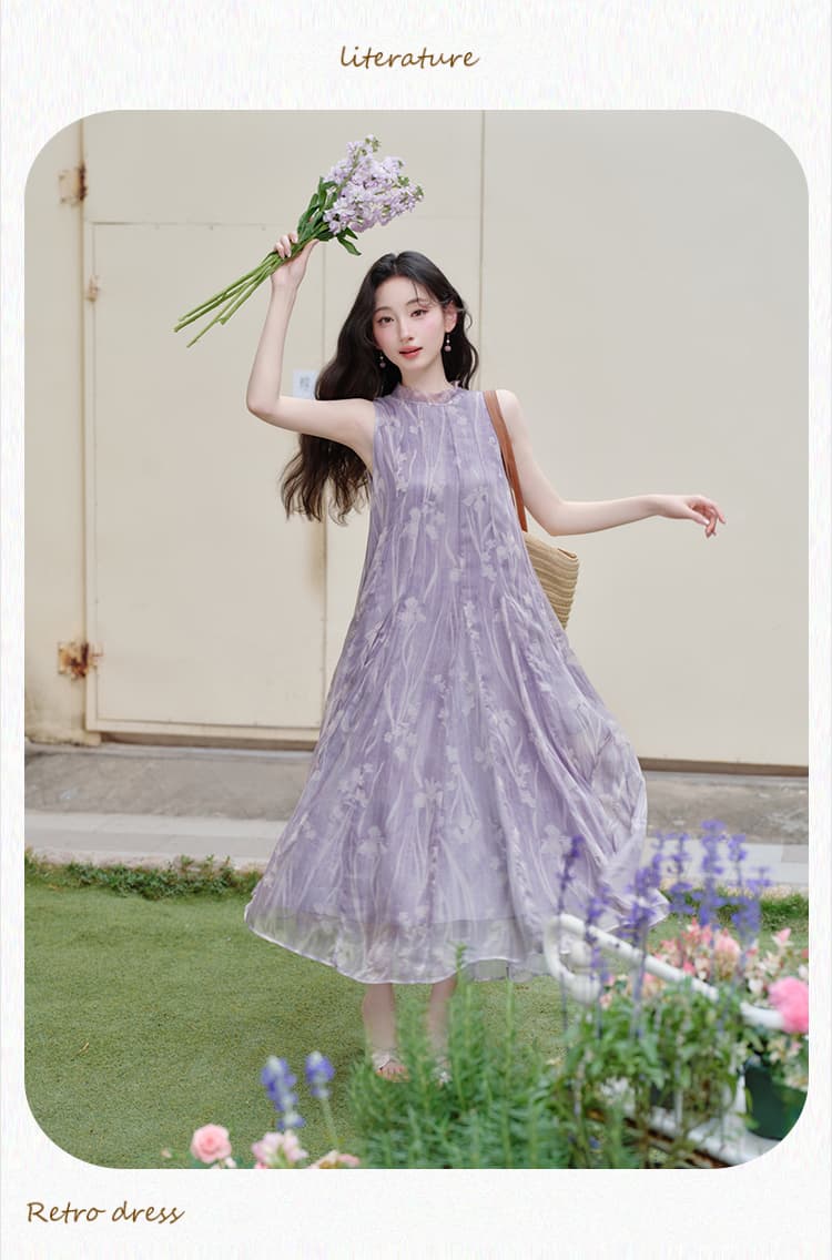 실사 프랑스식 휴가 바람 스탠드 칼라 리본 민소매 보라색 붓꽃을 만발하다 드레스 상세 이미지 16