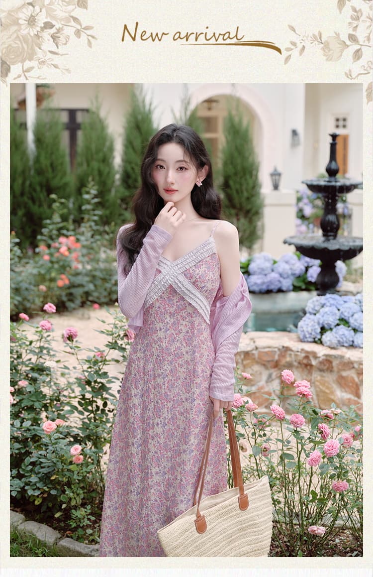 실사 있음 선적 V넥 슬립 꽃무늬 여성 드레스 부드러운 품격 휴가 바람 여름 롱 스커트 상세 이미지 1