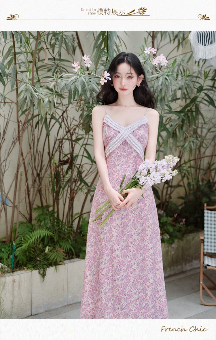 실사 있음 선적 V넥 슬립 꽃무늬 여성 드레스 부드러운 품격 휴가 바람 여름 롱 스커트 상세 이미지 8
