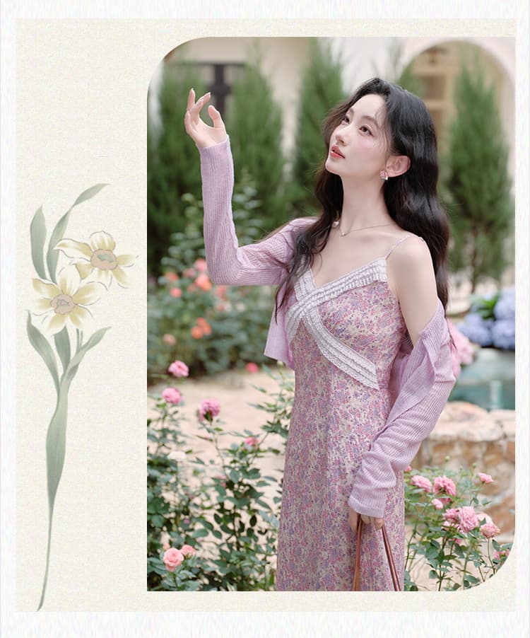 실사 있음 선적 V넥 슬립 꽃무늬 여성 드레스 부드러운 품격 휴가 바람 여름 롱 스커트 상세 이미지 9