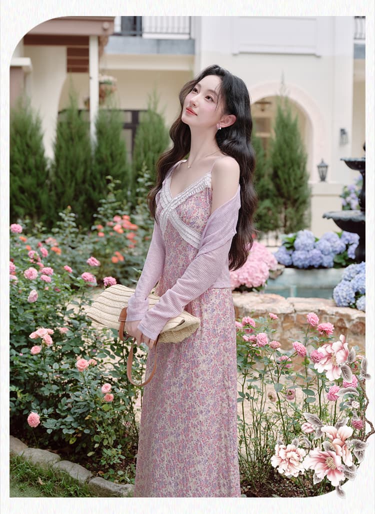 실사 있음 선적 V넥 슬립 꽃무늬 여성 드레스 부드러운 품격 휴가 바람 여름 롱 스커트 상세 이미지 17
