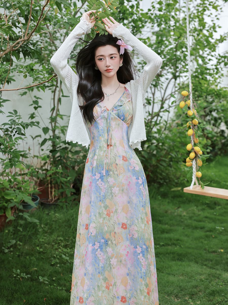 실사 아침 안개 정원 프랑스식 V넥 꽃무늬 슬립 드레스 해변가 휴가 바람 롱 스커트 이미지 4