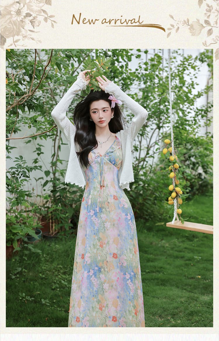 실사 아침 안개 정원 프랑스식 V넥 꽃무늬 슬립 드레스 해변가 휴가 바람 롱 스커트 상세 이미지 1