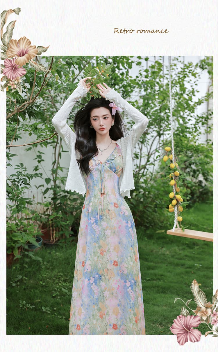 실사 아침 안개 정원 프랑스식 V넥 꽃무늬 슬립 드레스 해변가 휴가 바람 롱 스커트 상세 이미지 11