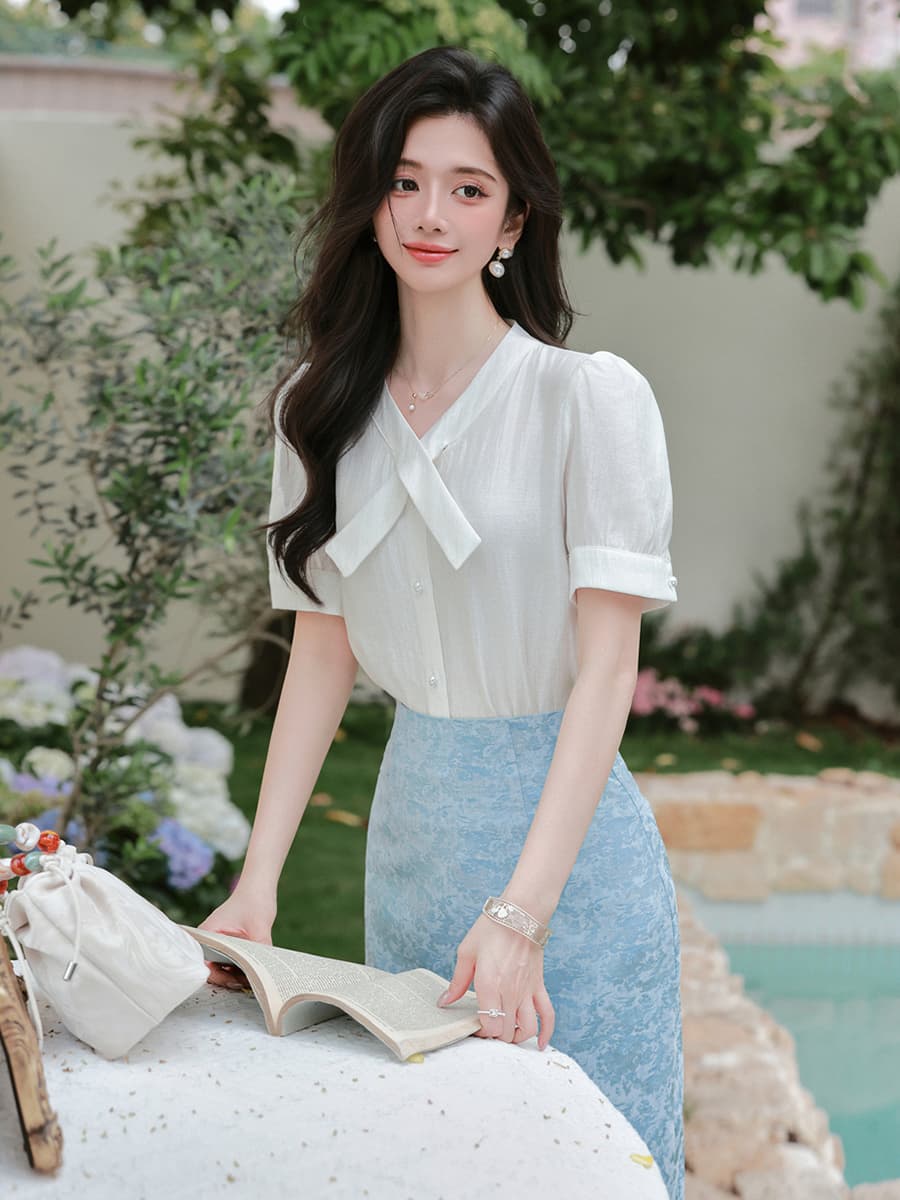 실사 있음 선적 프랑스식 부드러운 십자가 리본 품격 셔츠 하이웨이스트 자카드 한 마디 반 스커트 이미지 2