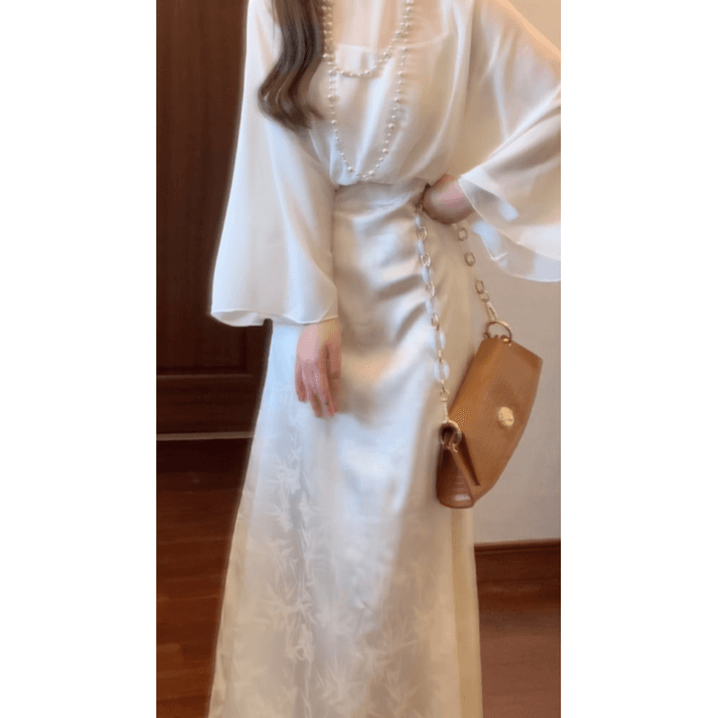 실사 대나무 잎 어둠 곡물 자카드 젠 롱 스커트 비싼 새틴 품격 페이크 레이어드 드레스 상세 이미지 5
