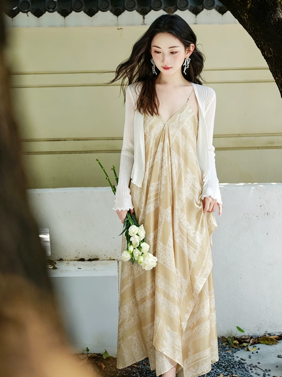 실사 있음 선적 여름 새로운 디자인 센스 해변가 휴가 바람 레트로 프린트 슬립 드레스 롱 스커트 이미지 2