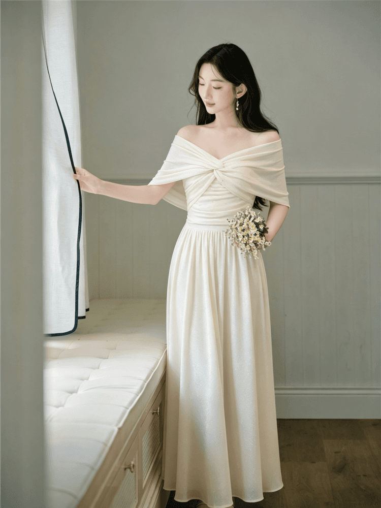 실사 재고 있음 레트로 한 단어 오프숄더 품격 신축성 예복 치마 여성 여름 화이트 우아함 고급 센스 드레스 상세 이미지 6