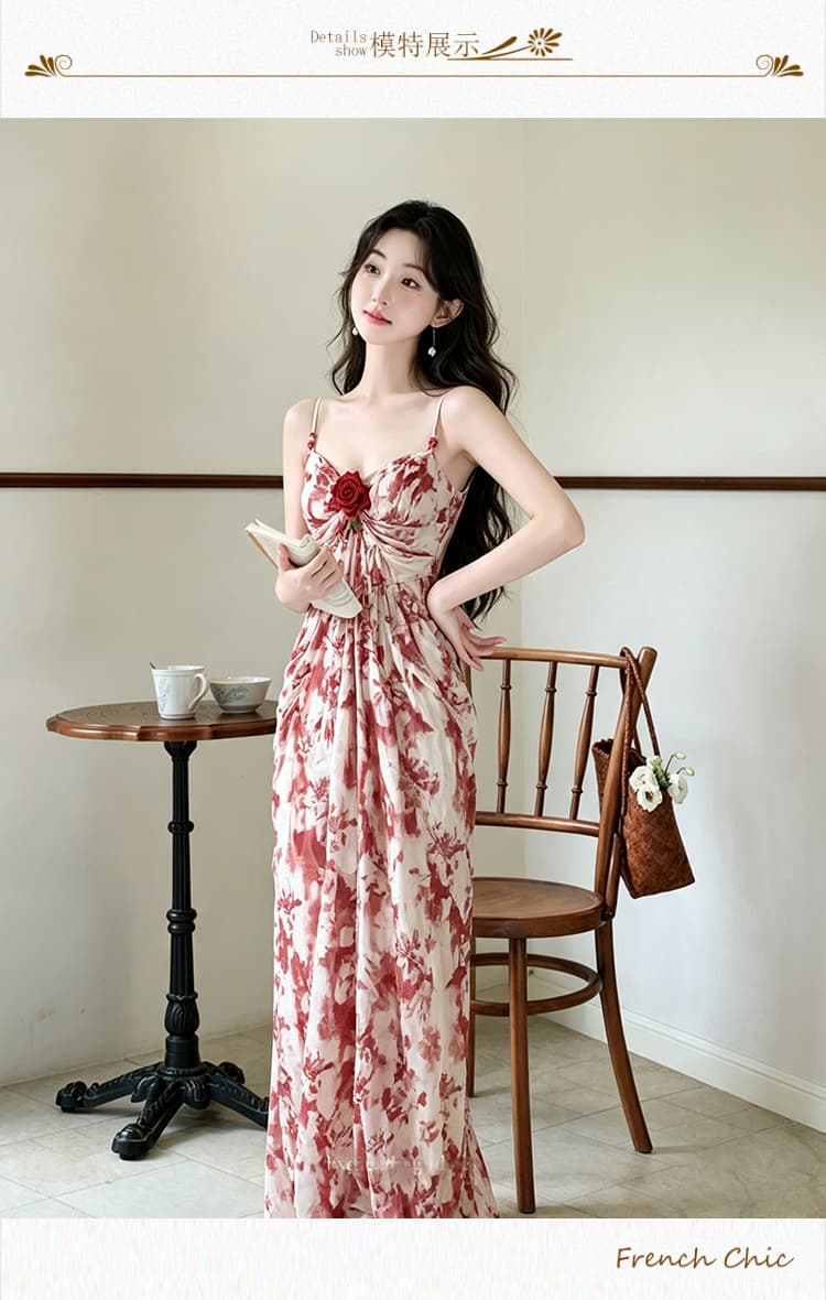 실사 재고 있음 그림자 3 차원 장미 디자인 여성 드레스 꽃무늬 V넥 슬립 슬림해 보이는 품격 허리 수축 치마 상세 이미지 8
