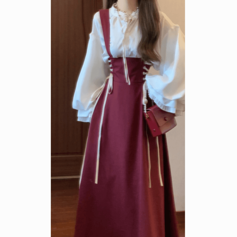 실사 프랑스식 레트로 그는 벤 하이웨이스트 스트랩 멜빵 스커트 롱 스커트 궁정 바람 셔츠 투피스 세트 이미지 5