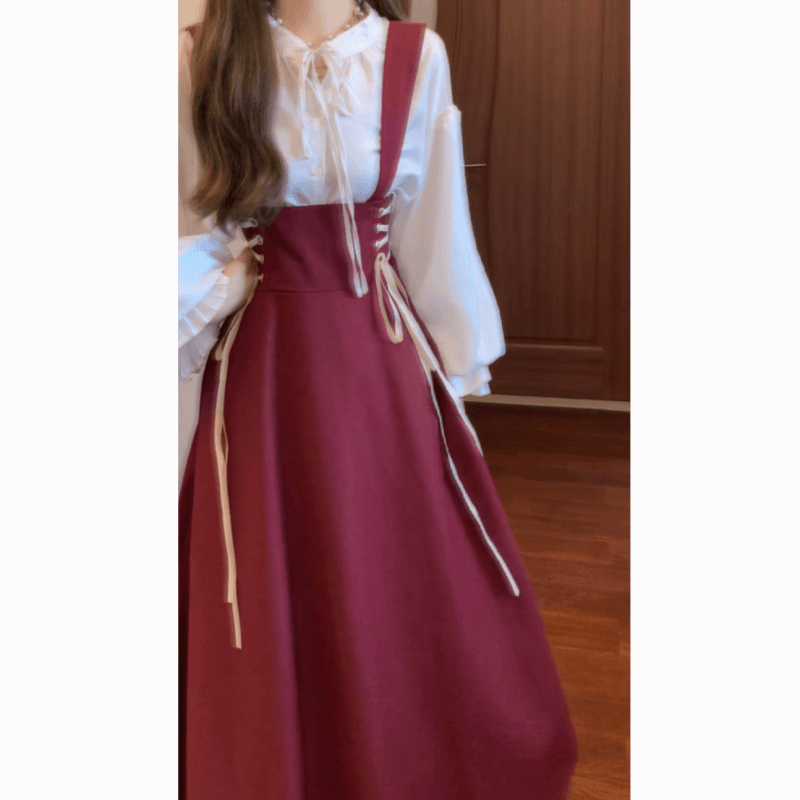 실사 프랑스식 레트로 그는 벤 하이웨이스트 스트랩 멜빵 스커트 롱 스커트 궁정 바람 셔츠 투피스 세트 상세 이미지 9