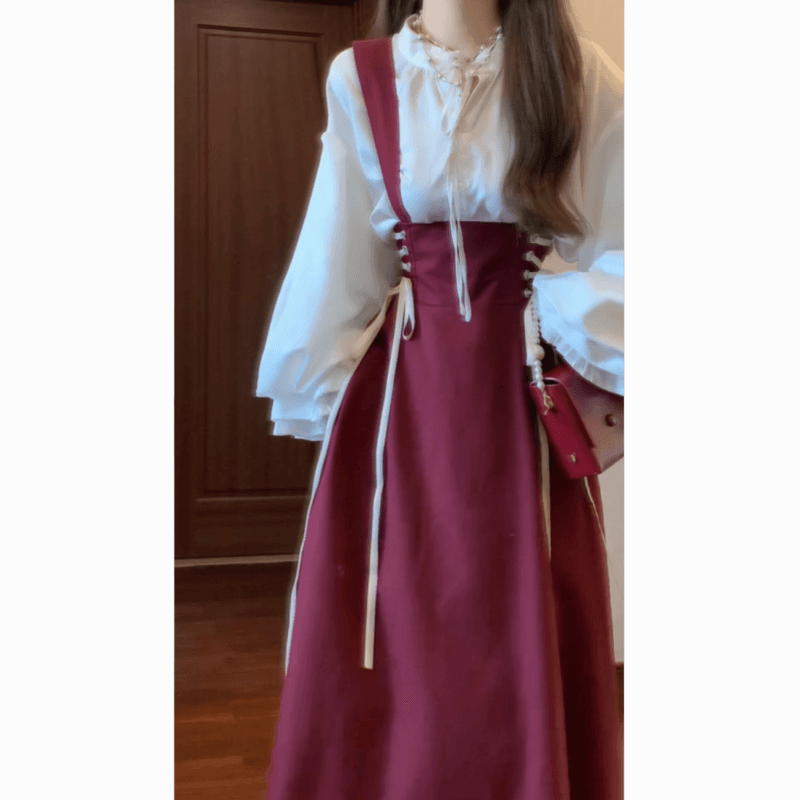 실사 프랑스식 레트로 그는 벤 하이웨이스트 스트랩 멜빵 스커트 롱 스커트 궁정 바람 셔츠 투피스 세트 상세 이미지 11