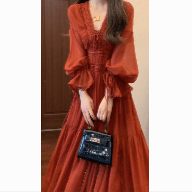실사 재고 있음 프랑스식 레트로 깊은 v 스트랩 드레스 허리 수축 레이스 드레스 긴팔 빨간색 차 휴식 치마 40 상세 이미지 7