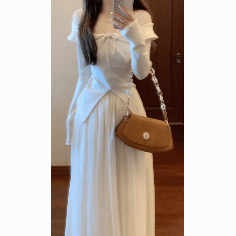 실사 재고 있음 작은 심장 기계 마이크로 ~을 통해 패치워크 오프숄더 허리 수축 니트 부드러운 맨위 부드러운 다용도 거즈 스커트 세트 이미지 4
