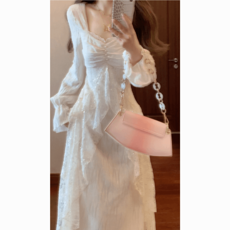 실사 재고 있음 고급 센스 부드러운 바람 털이 있고 두꺼운 가을 겨울 레이스 프릴 하얀 달빛 드레스 이미지 2