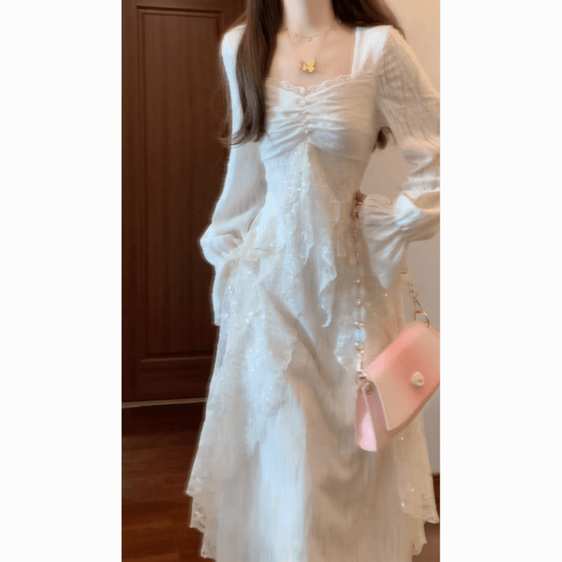 실사 재고 있음 고급 센스 부드러운 바람 털이 있고 두꺼운 가을 겨울 레이스 프릴 하얀 달빛 드레스 이미지 5