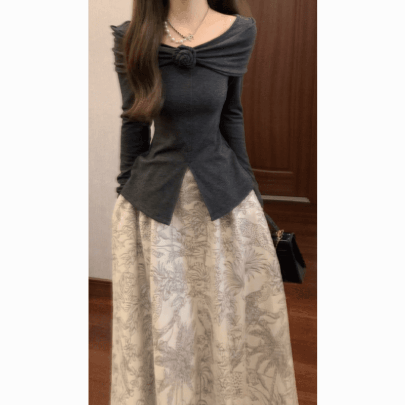 실사 착용 장미 ~ 중 소녀 회색 트임 슬림해 보이는 다용도 긴팔 풀오버 니트 스웨터 자카드 반신 치마 세트 상세 이미지 8
