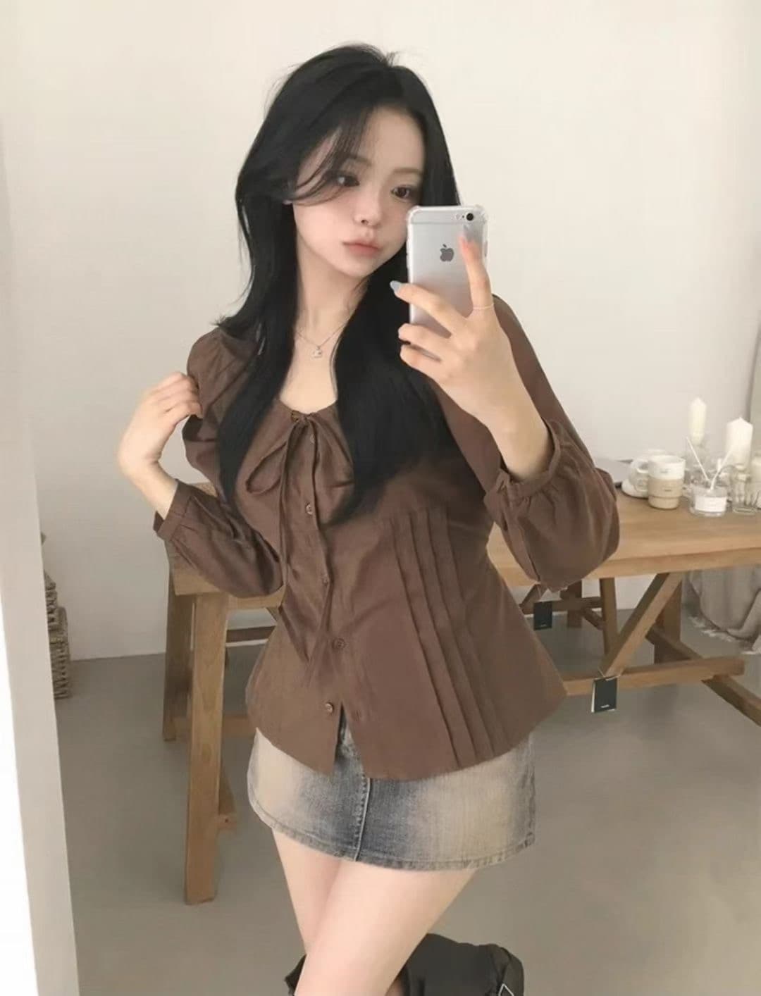 있음 밖으로 한국어 프랑스식 달콤함 작은 키 여성 셔츠 가을 몸매 가꾸기 슬림해 보이는 맨위 이미지 2