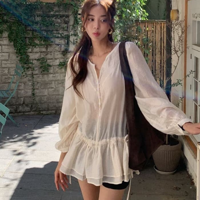 재고 있음 한국 chic 펌프 로프 허리 수축 이중층 프릴 여성 셔츠 상세 이미지 3