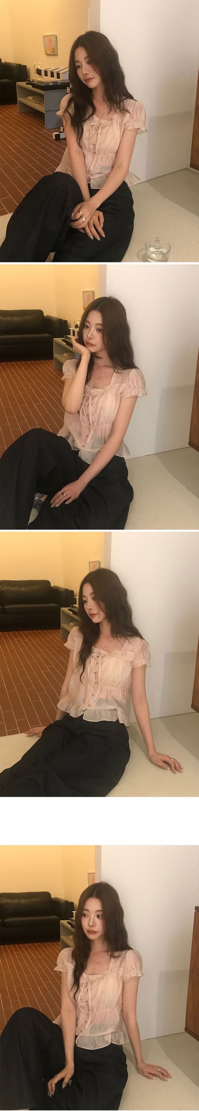 있음 창고 chic 한 부서 달콤함 연령 감소 부드러운 프릴 주름 장식 허리 수축 반팔 쉬폰 셔츠 상세 이미지 6