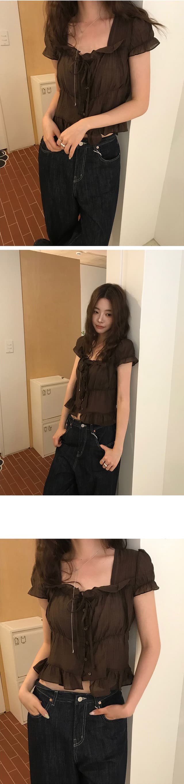 있음 창고 chic 한 부서 달콤함 연령 감소 부드러운 프릴 주름 장식 허리 수축 반팔 쉬폰 셔츠 상세 이미지 9