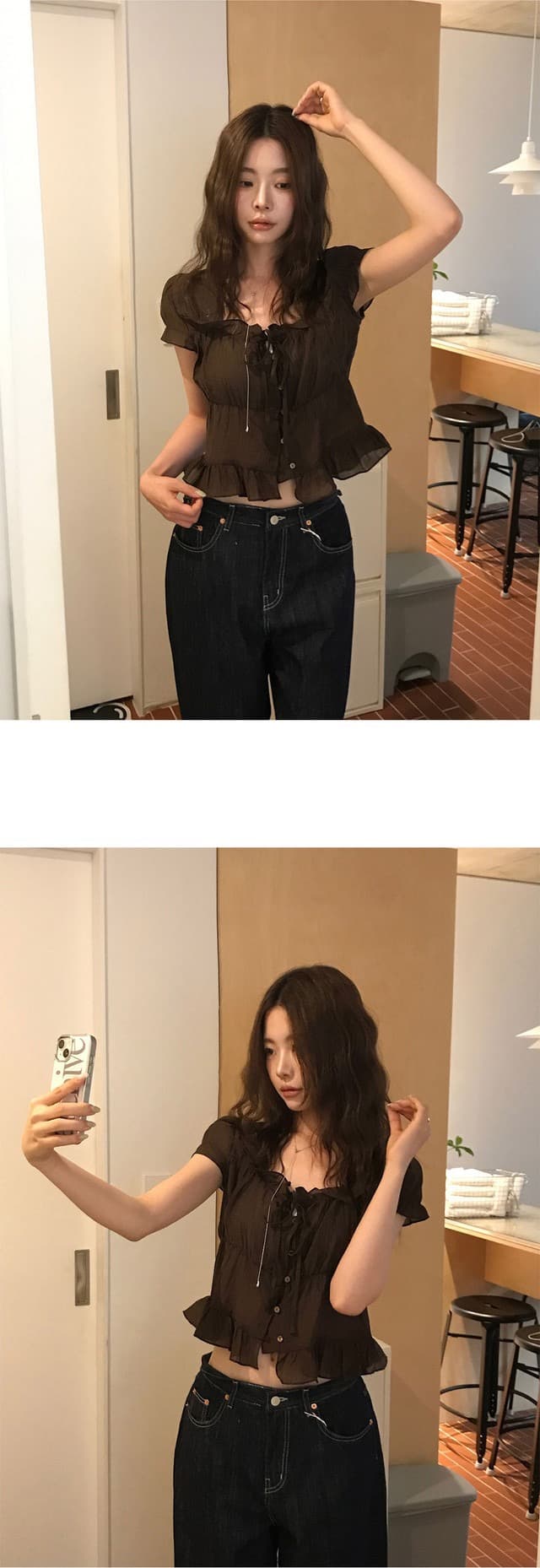 있음 창고 chic 한 부서 달콤함 연령 감소 부드러운 프릴 주름 장식 허리 수축 반팔 쉬폰 셔츠 상세 이미지 10