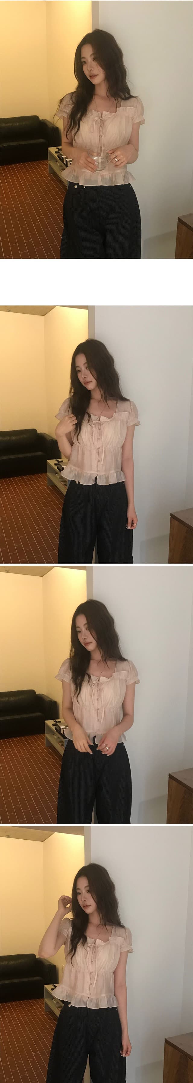 있음 창고 chic 한 부서 달콤함 연령 감소 부드러운 프릴 주름 장식 허리 수축 반팔 쉬폰 셔츠 상세 이미지 11