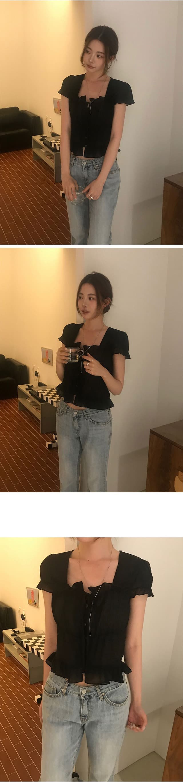있음 창고 chic 한 부서 달콤함 연령 감소 부드러운 프릴 주름 장식 허리 수축 반팔 쉬폰 셔츠 상세 이미지 12