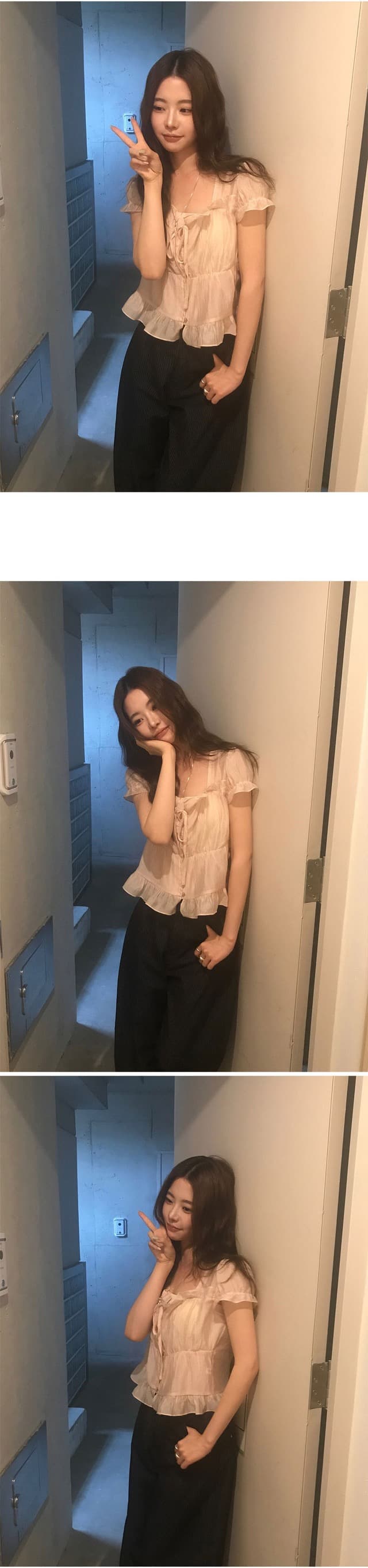 있음 창고 chic 한 부서 달콤함 연령 감소 부드러운 프릴 주름 장식 허리 수축 반팔 쉬폰 셔츠 상세 이미지 13