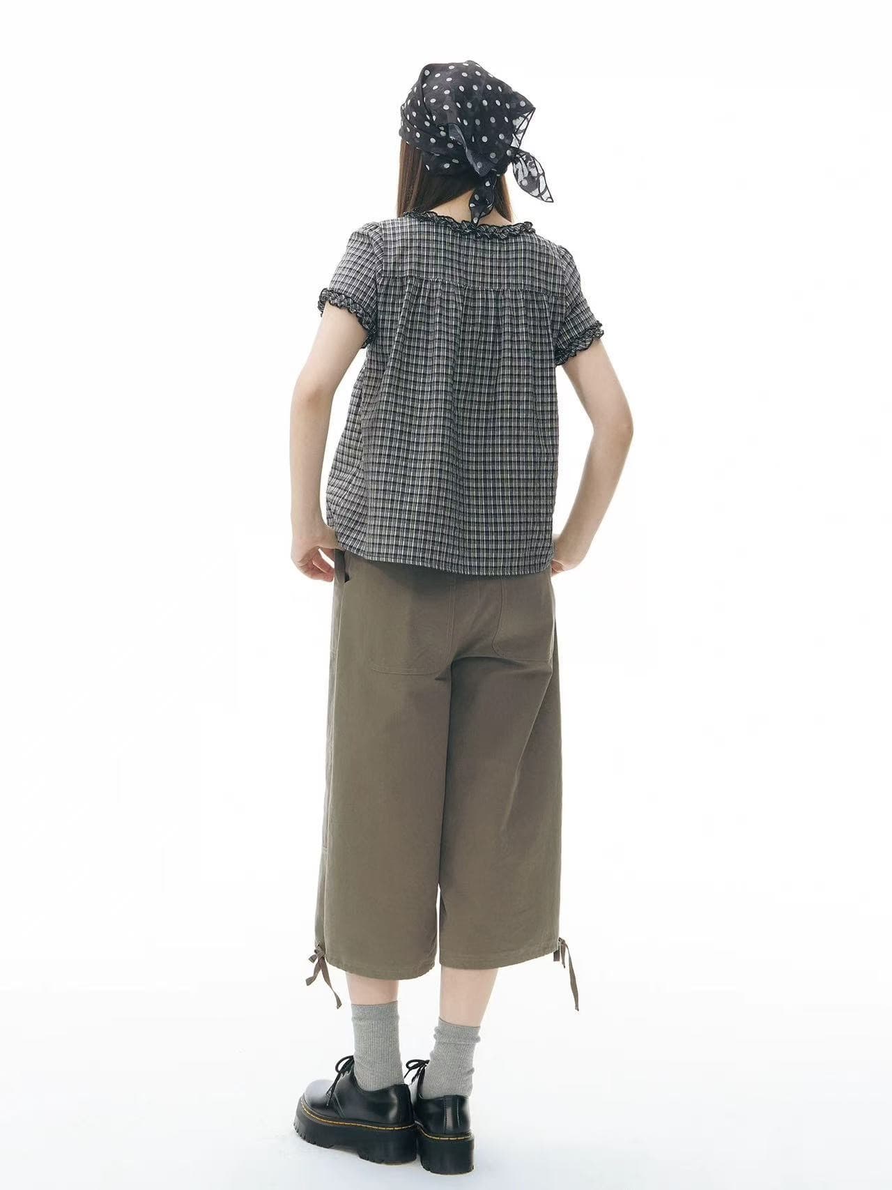 있음 창고 한국 chic 디자인 센스 페이크 레이어드 배색 순면 격자 무늬 셔츠 상세 이미지 12
