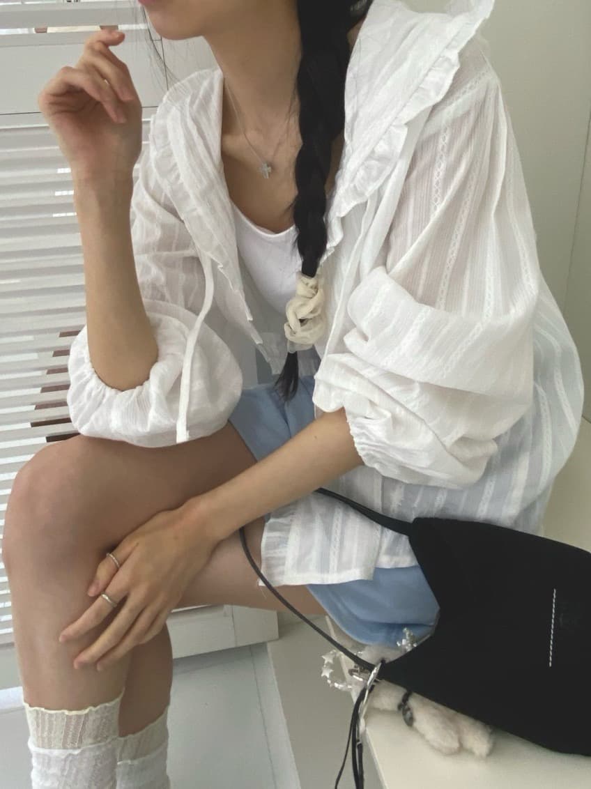 있음 창고 동대문 연령 감소 프릴 자수 면직물 후드 셔츠 상세 이미지 2