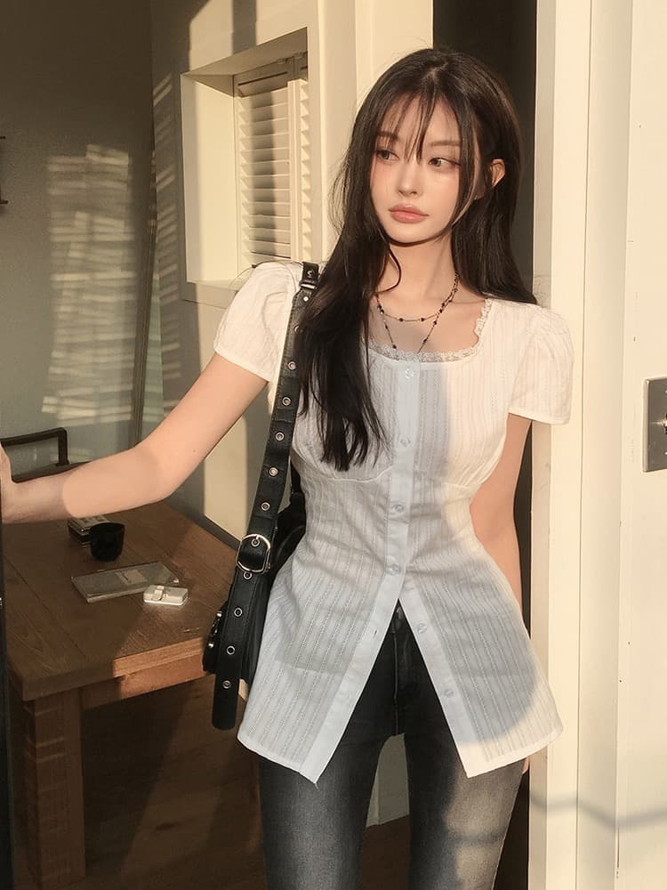 있음 창고 달콤한 스타일 레이스 측면 반팔 여성 셔츠 외국 가스 작은 셔츠 고유 한 Chic 맨위 이미지 2