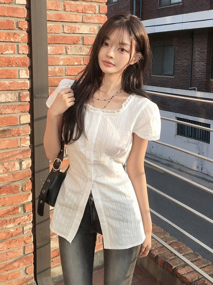 있음 창고 달콤한 스타일 레이스 측면 반팔 여성 셔츠 외국 가스 작은 셔츠 고유 한 Chic 맨위 상세 이미지 3