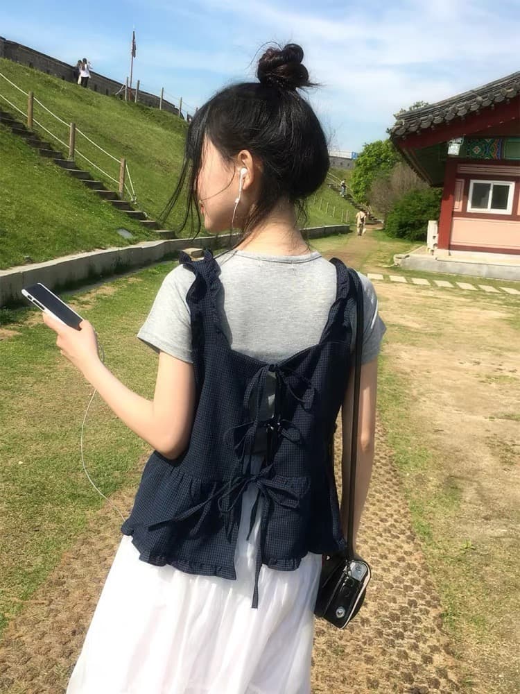 있음 창고 2026 새로운 한국 스타일 체크무늬 레이스업 프릴 슬립 전후 둘 착용 상세 이미지 5