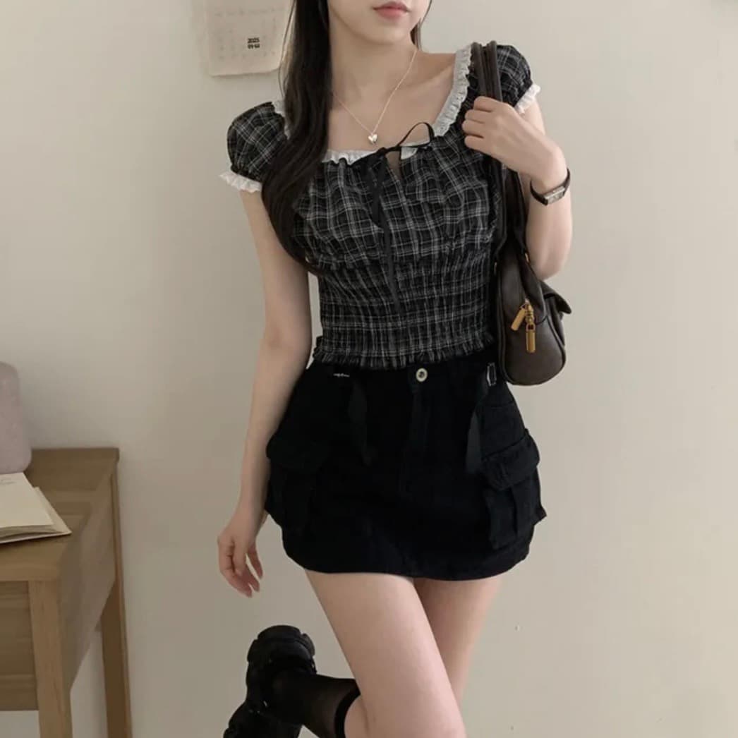 있음 창고 한국 chic 패션 레이스 패치워크 나비 넥타이 격자 무늬 셔츠 이미지 4