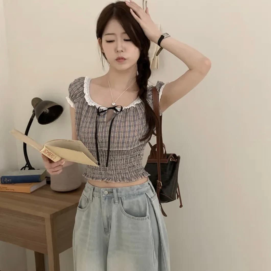 있음 창고 한국 chic 패션 레이스 패치워크 나비 넥타이 격자 무늬 셔츠 이미지 3