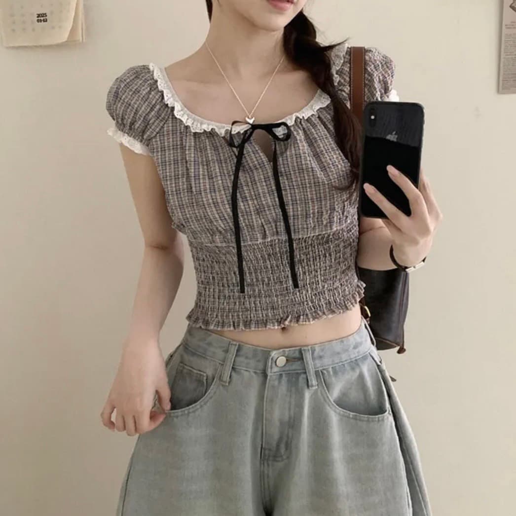 있음 창고 한국 chic 패션 레이스 패치워크 나비 넥타이 격자 무늬 셔츠 상세 이미지 1