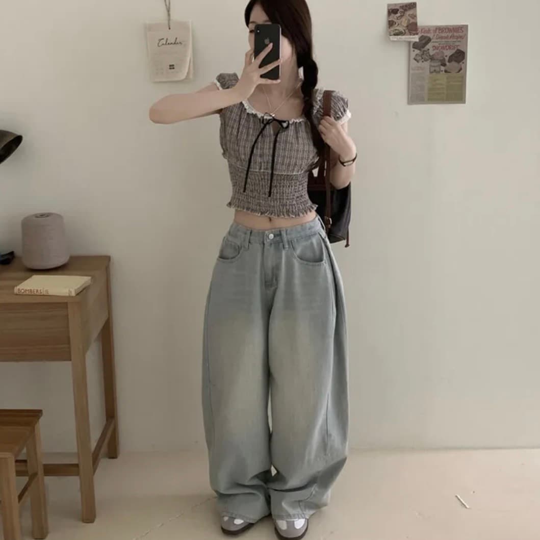 있음 창고 한국 chic 패션 레이스 패치워크 나비 넥타이 격자 무늬 셔츠 상세 이미지 5