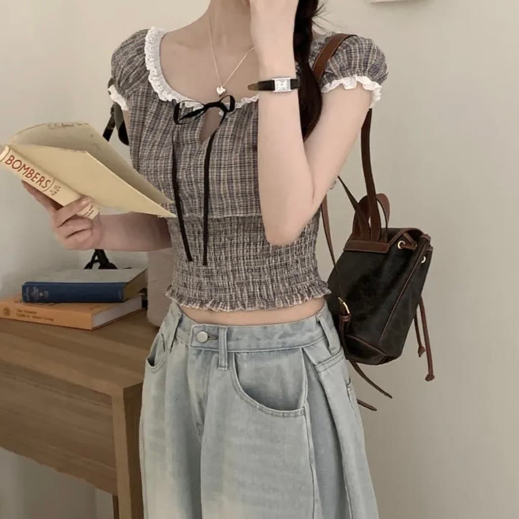 있음 창고 한국 chic 패션 레이스 패치워크 나비 넥타이 격자 무늬 셔츠 상세 이미지 6