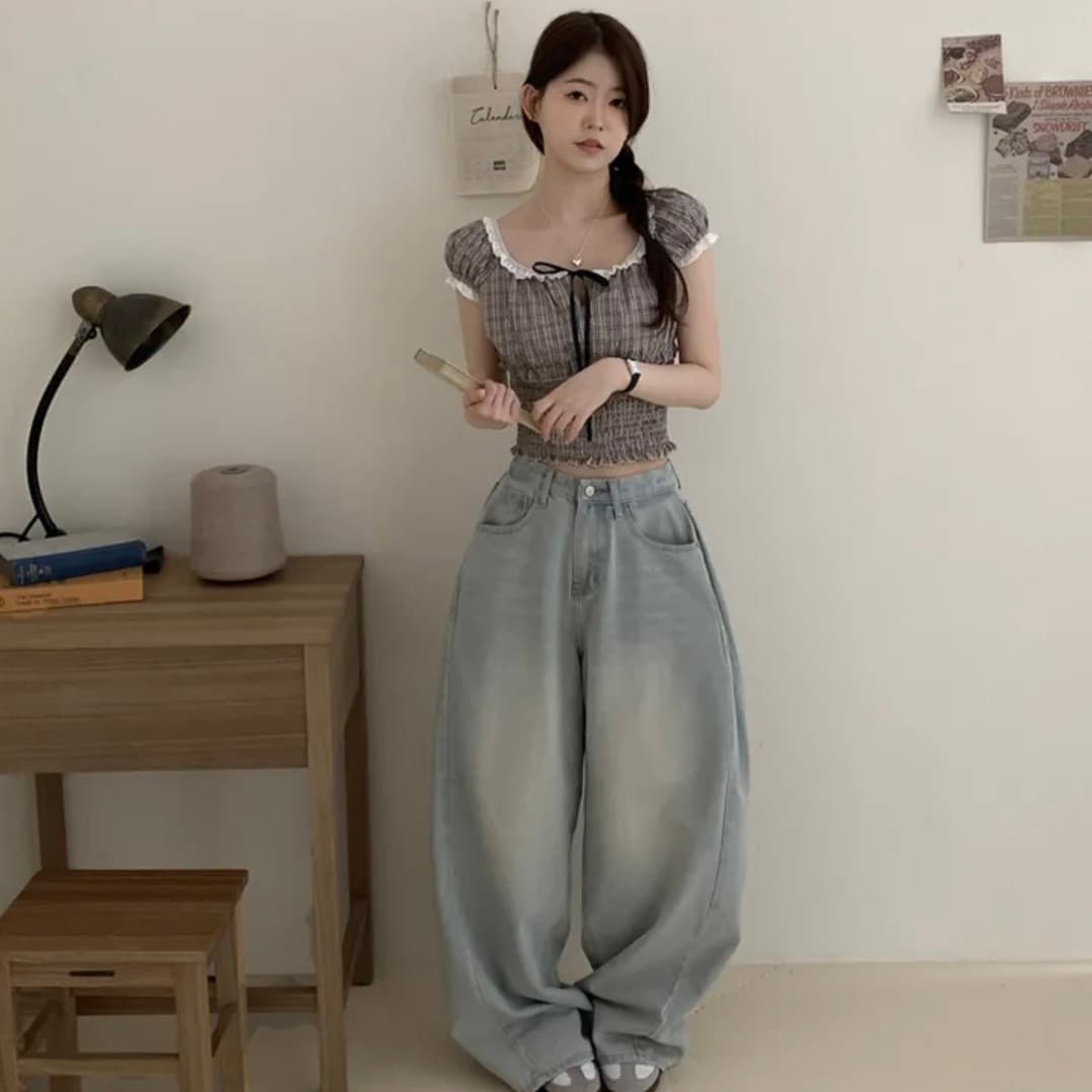 있음 창고 한국 chic 패션 레이스 패치워크 나비 넥타이 격자 무늬 셔츠 상세 이미지 7