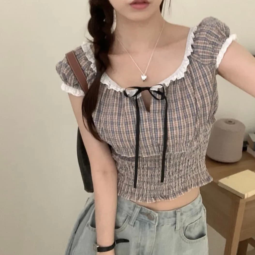 있음 창고 한국 chic 패션 레이스 패치워크 나비 넥타이 격자 무늬 셔츠 상세 이미지 8