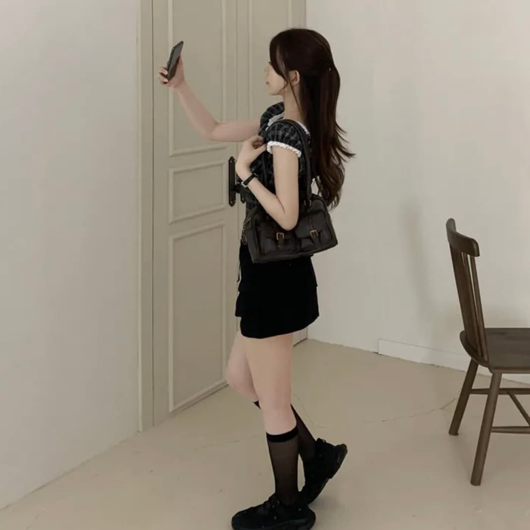 있음 창고 한국 chic 패션 레이스 패치워크 나비 넥타이 격자 무늬 셔츠 상세 이미지 12