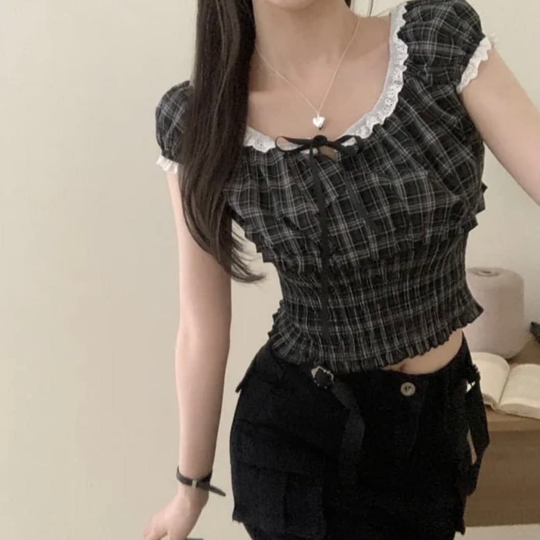 있음 창고 한국 chic 패션 레이스 패치워크 나비 넥타이 격자 무늬 셔츠 상세 이미지 13