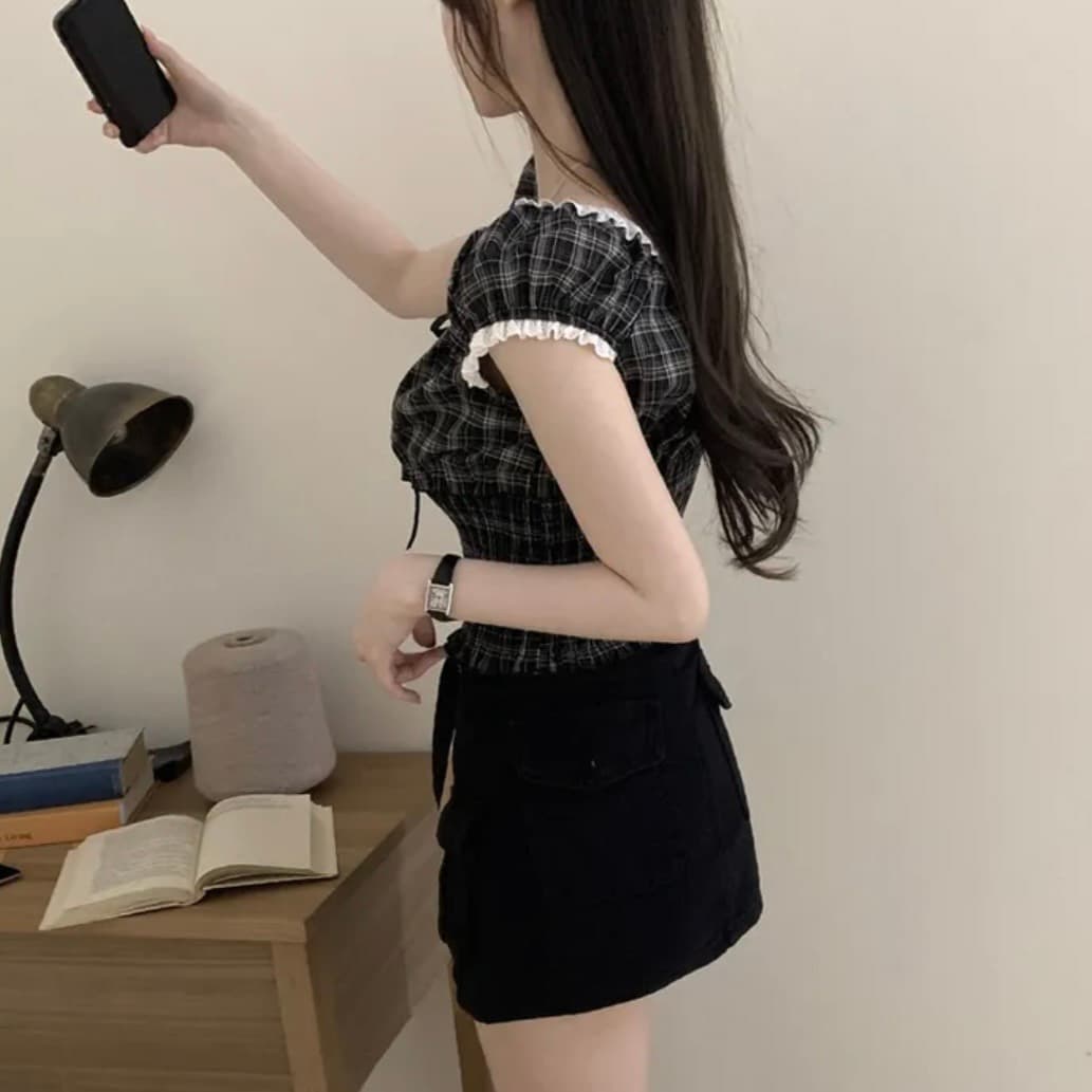 있음 창고 한국 chic 패션 레이스 패치워크 나비 넥타이 격자 무늬 셔츠 상세 이미지 15