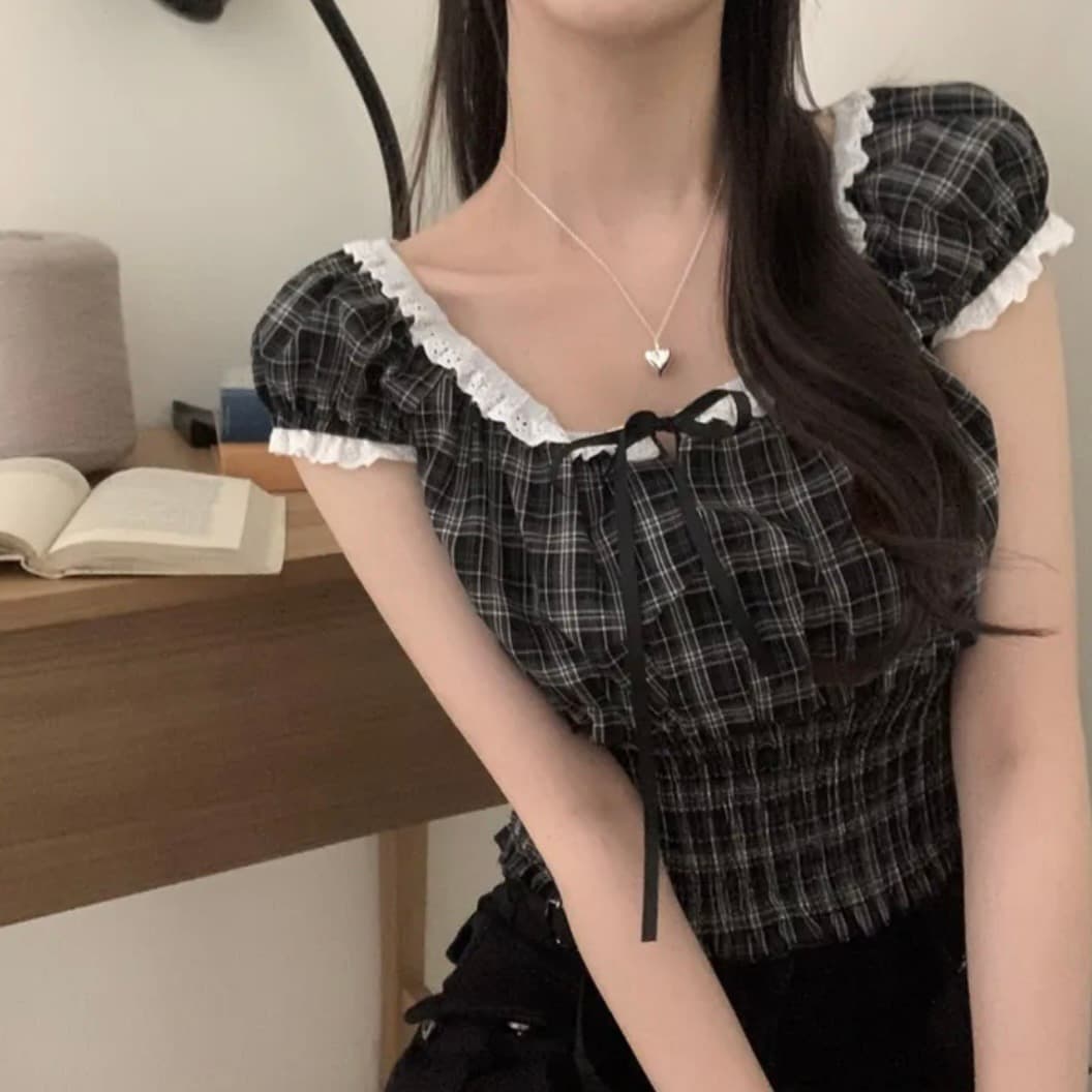 있음 창고 한국 chic 패션 레이스 패치워크 나비 넥타이 격자 무늬 셔츠 상세 이미지 16