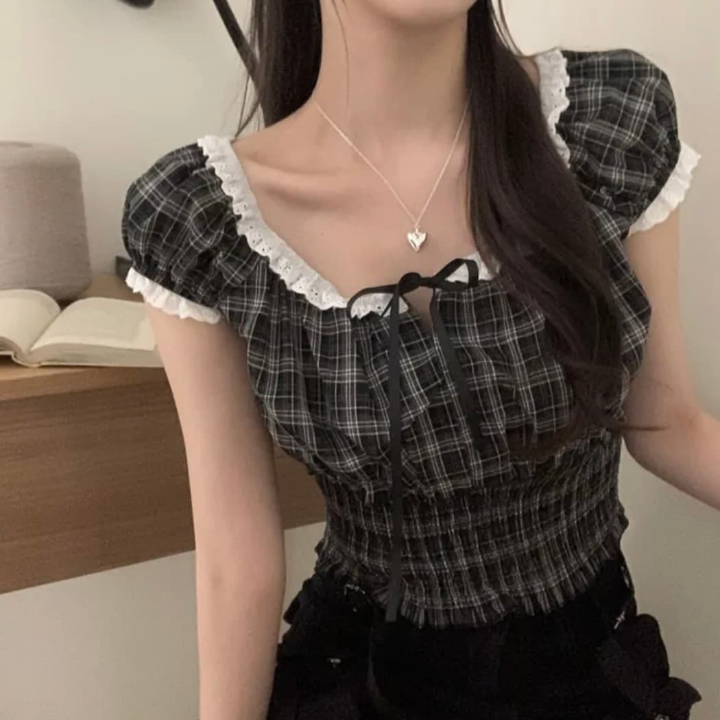 있음 창고 한국 chic 패션 레이스 패치워크 나비 넥타이 격자 무늬 셔츠 상세 이미지 17