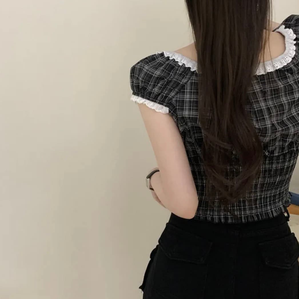 있음 창고 한국 chic 패션 레이스 패치워크 나비 넥타이 격자 무늬 셔츠 상세 이미지 18